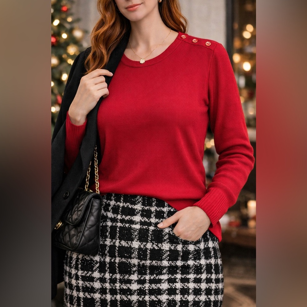 Talbots Petites Ribbed Knit Top Red Shoulder Button Long Sleeve PL